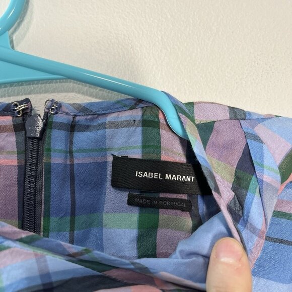 Isabel Marant Esmee Twisted Plaid Puff Shoulder Blouse in Blue Pink Green‎ - Picture 8 of 14